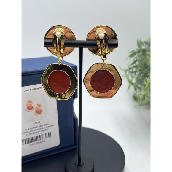 Lele Sadoughi Geo Bezel Red Harvest Jewel Drop Gold Plated Clip Runway Earring - Picture 11 of 16